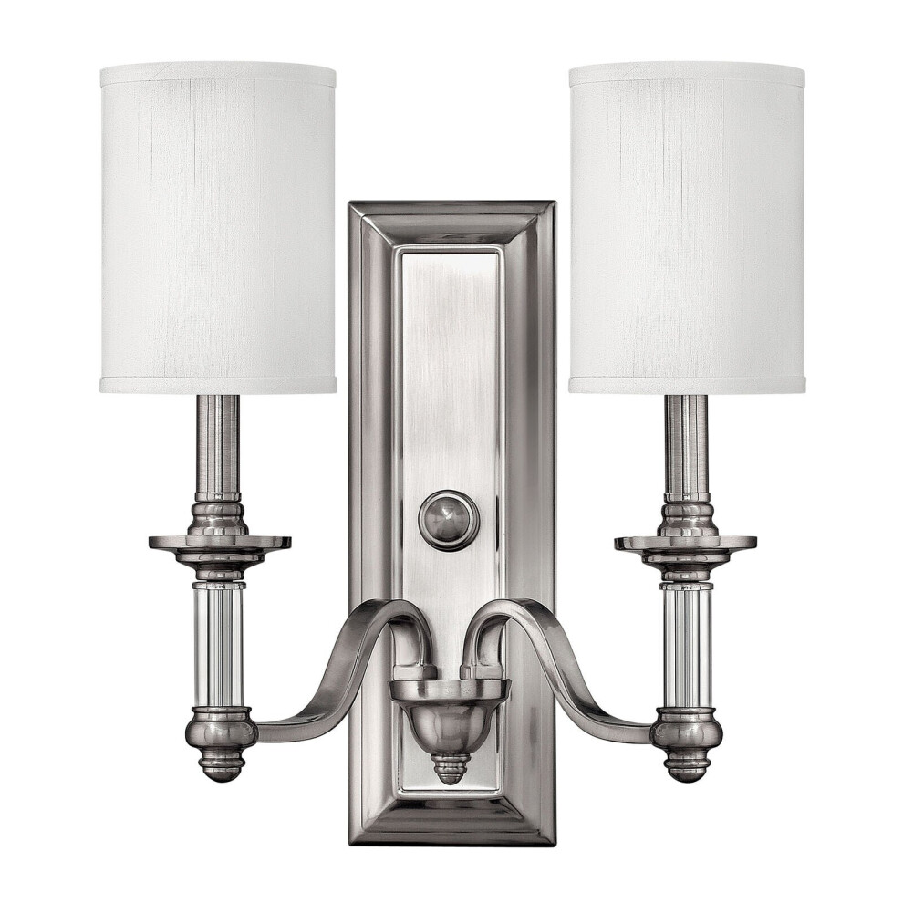 Loops Twin Wall Light Clear Glass Column White Fabric Shade Brushed Nickel Led E14 60W