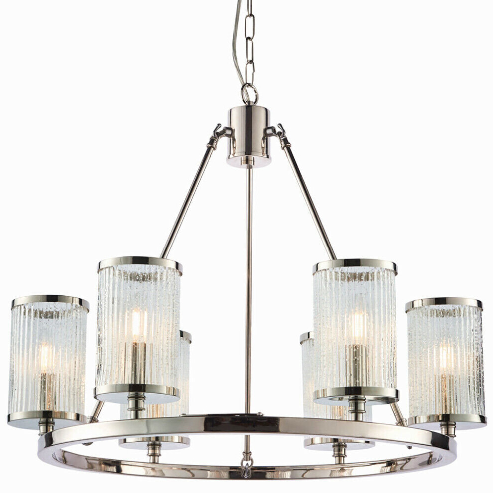Loops 6 Chandelier Pendant Nickel Ribbed Glass Shade Hanging Ceiling Lamp Holder Light