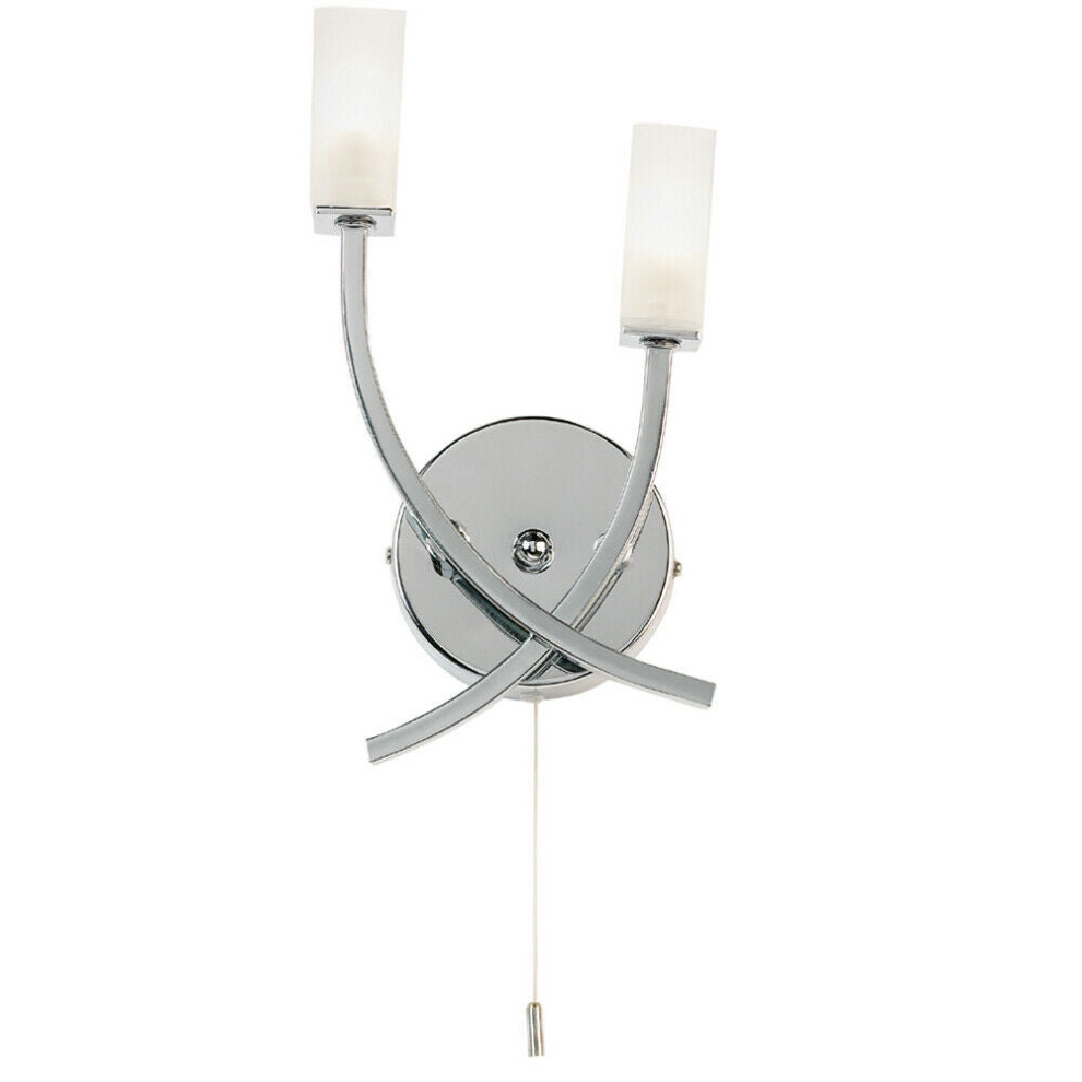 Loops Led Twin Wall Light Modern Chrome Arm & Frosted Oblong Glass Shade Lamp Lighting