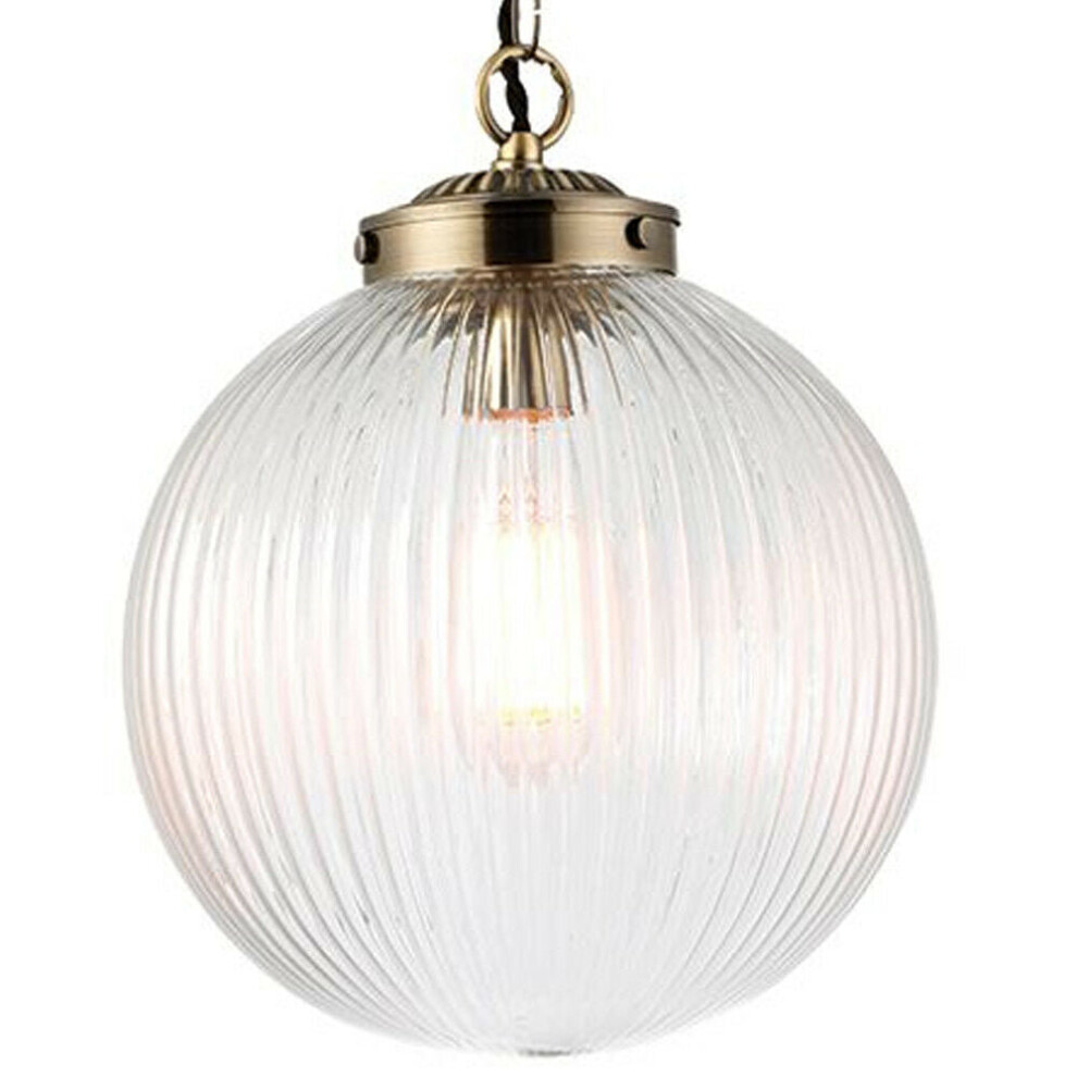 Loops Hanging Ceiling Pendant Light Brass & Ribbed Glass Round Lamp Shade Bulb Holder