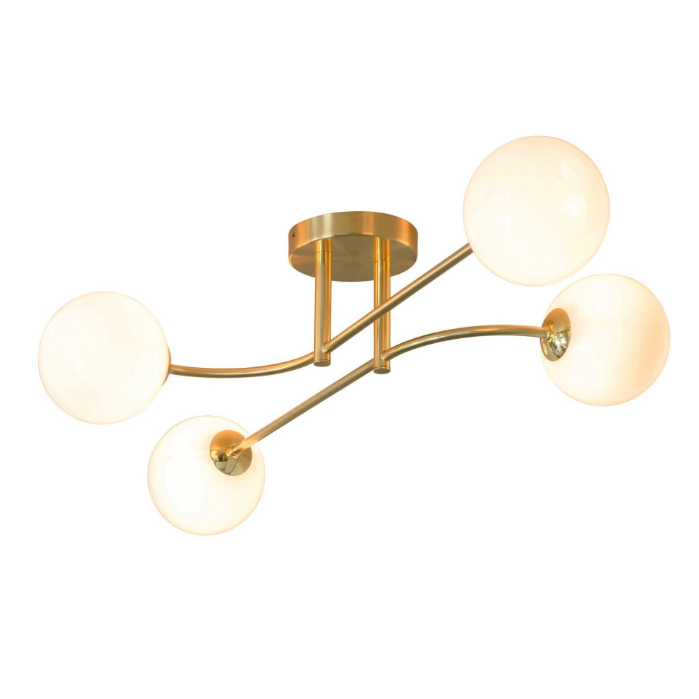 Semi Flush Ceiling Light Satin Brass Plate & Opal Glass 4 x 3W LED G9