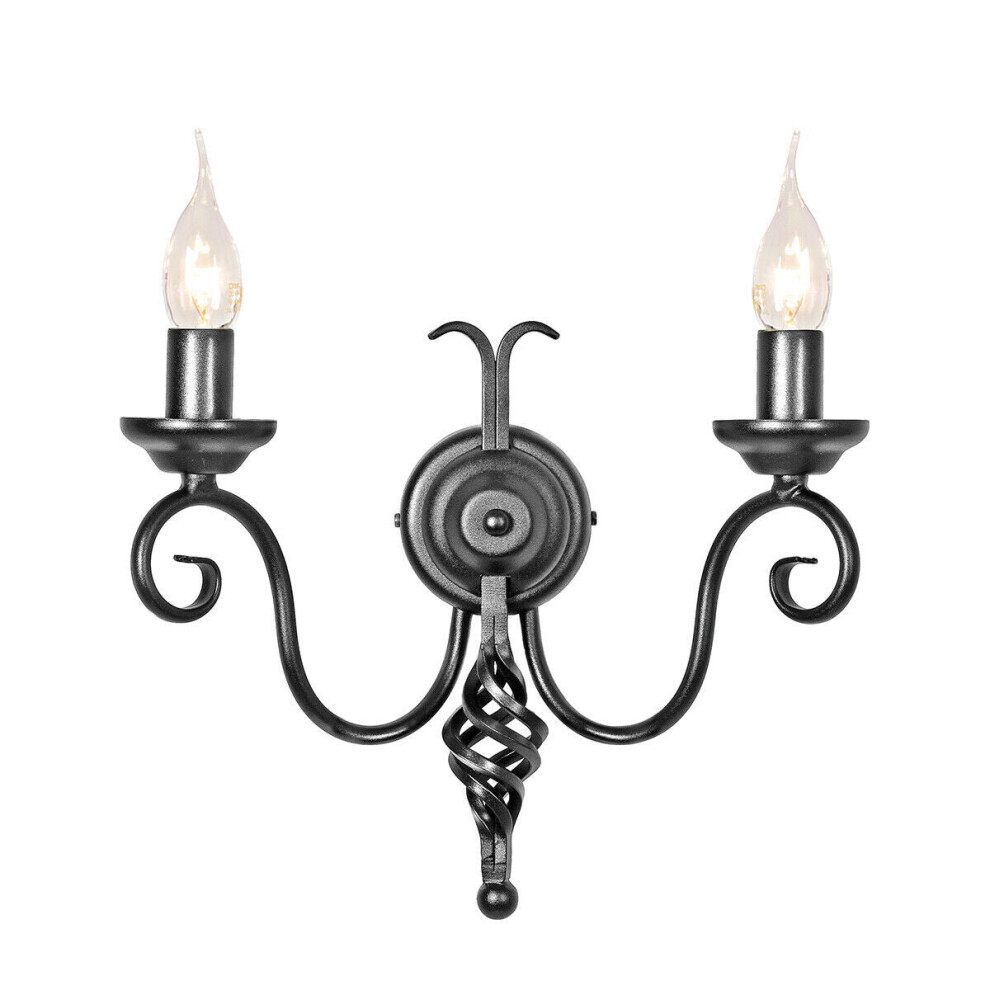 Loops Twin Wall Light Medieval Feel Soft Cuerving Arms Swirl Finial Black Led E14 60W