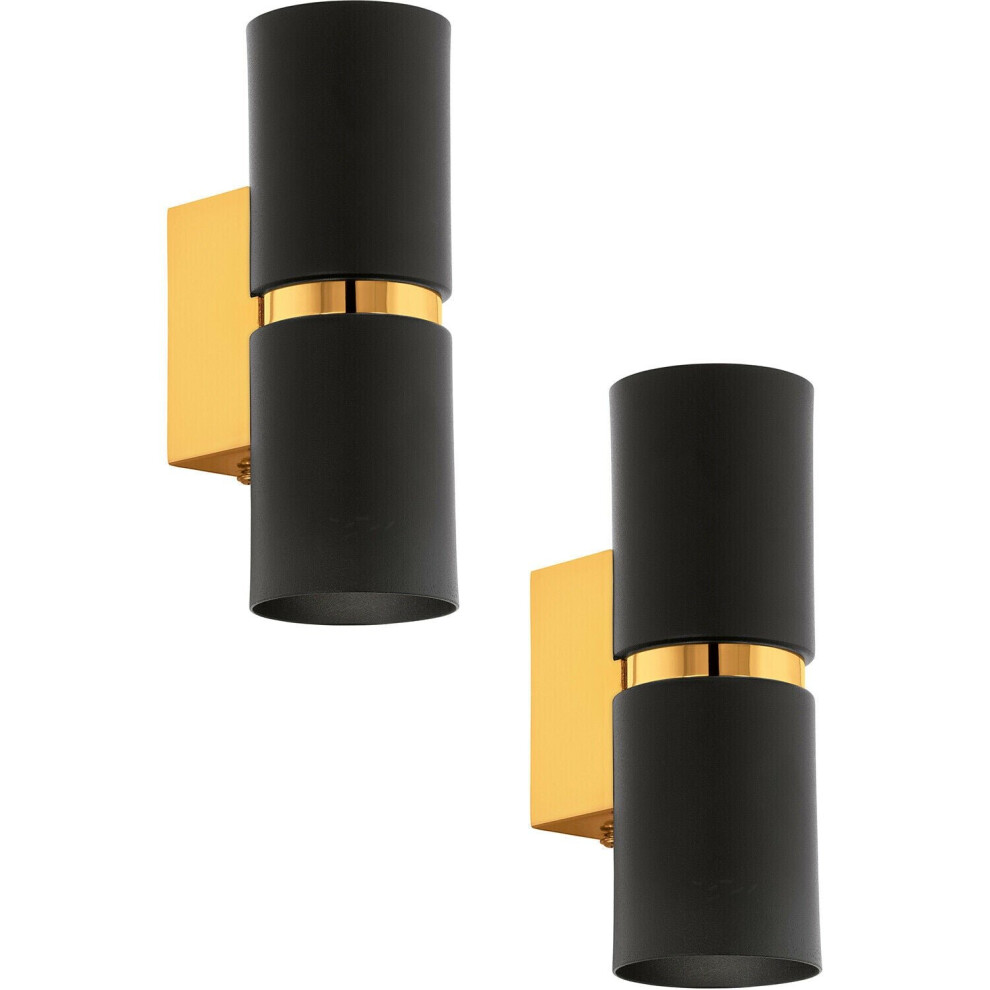 Loops 2 Pack Wall Light 2X Black Shades Gold Banding & Back Plate Gu10 3.3W Included