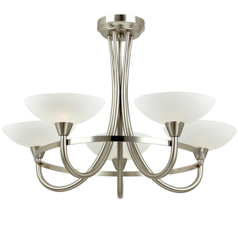 Loops Semi Flush Ceiling Satin Chrome & 5 Bulb Hanging Pendant Lamp Shade Light/White