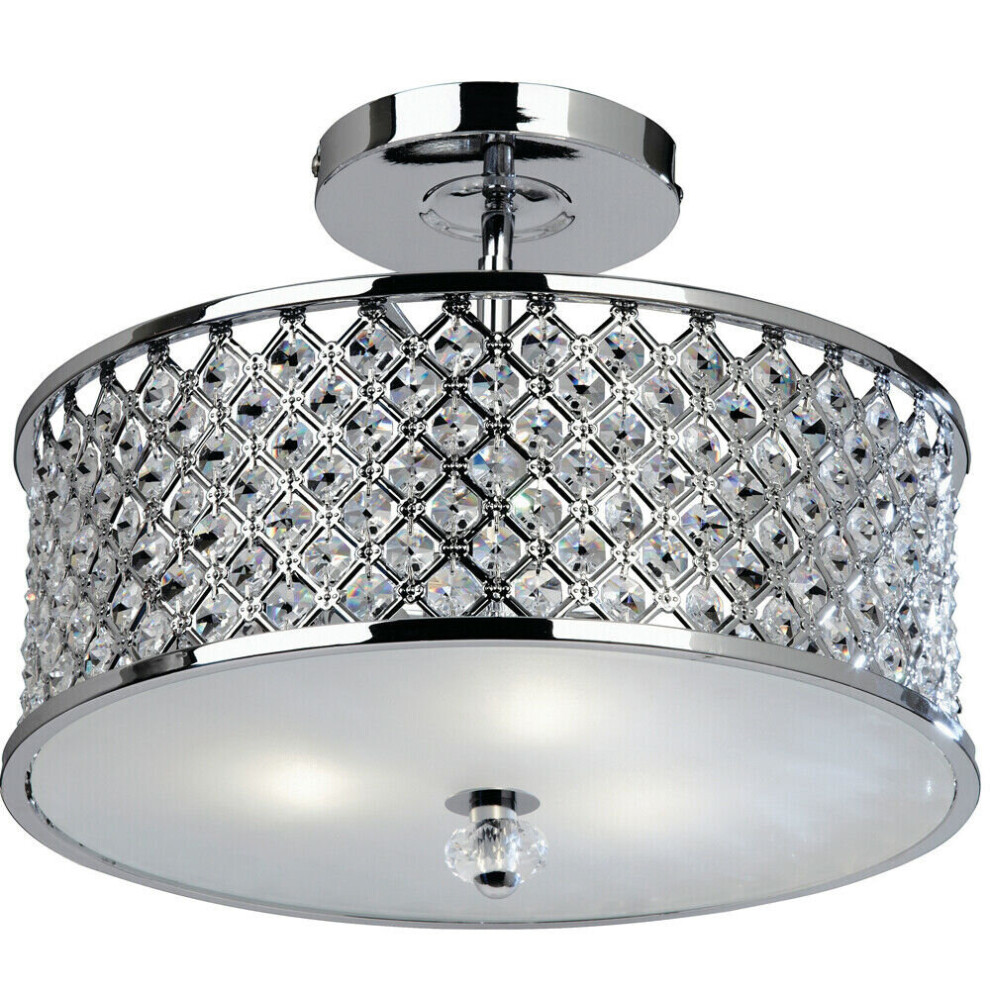 Semi Flush Ceiling Light Chrome & Crystal 3 Bulb Large Round Feature Lamp Holder