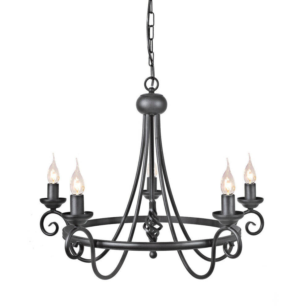 Loops 5 Bulb Chandelier Medieval Feel Soft Curving Arms Swirl Finial Black Led E14 60W