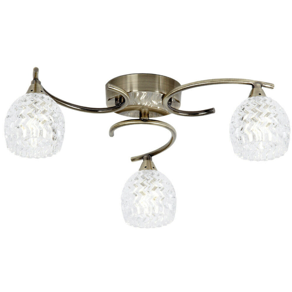 Loops Semi Flush Ceiling Brass Textured Glass 3 Bulb Hanging Pendant Lamp Shade Light
