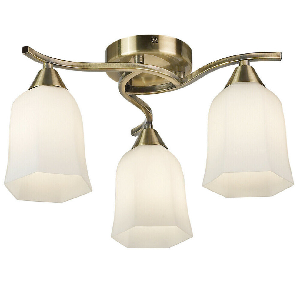 Loops Semi Flush Ceiling Antique Brass Opal Glass 3 Bulb Down Lamp Shade Pendant Light