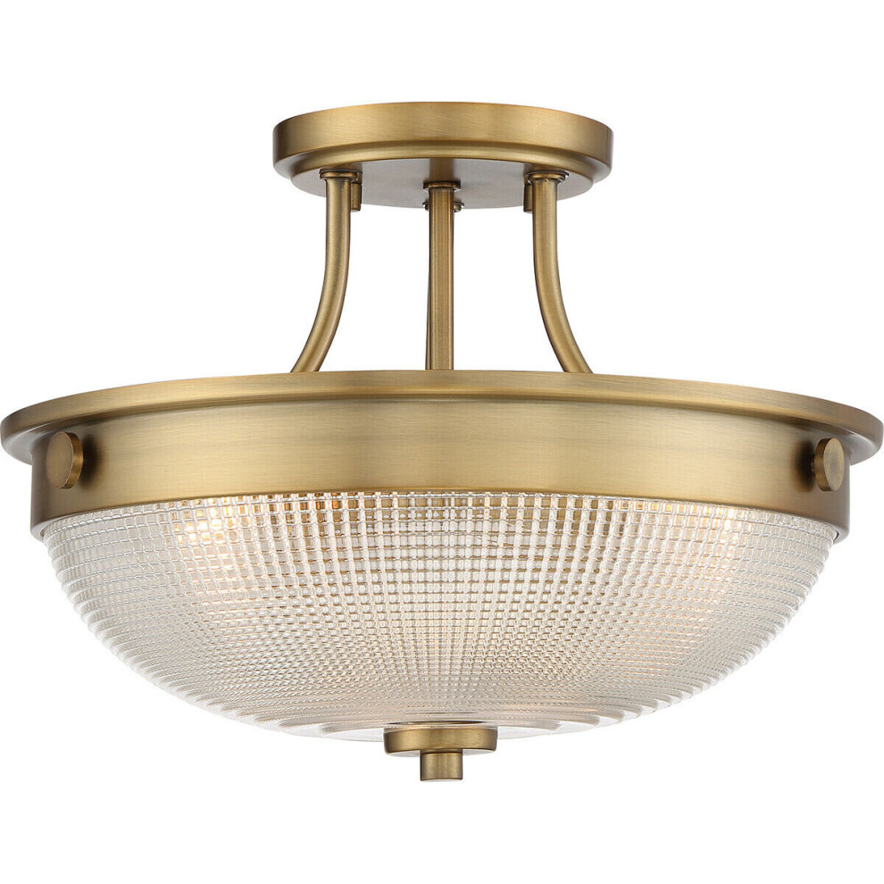 Loops 2 Bulb Semi Flush Uplight Prismatic Glass Dome Shade Weathered Brass Led E27 60W