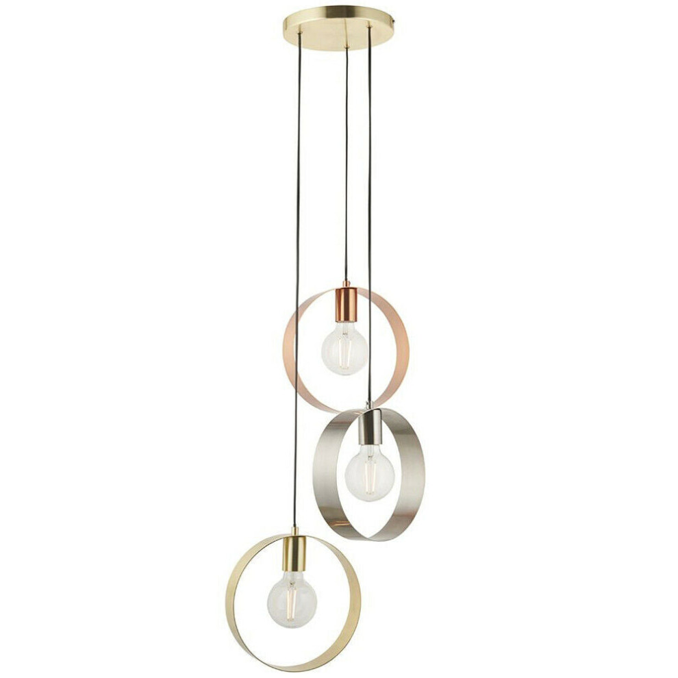 Loops 3 Bulb Multi Hanging Ceiling Pendant Brushed Copper Nickel & Brass Hoops Light