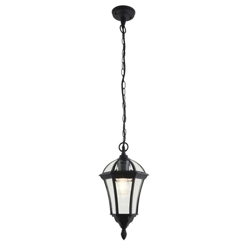 Loops Ip44 Outdoor Hanging Pendant Porch Traditional & Glass Lantern Lamp Light/Black