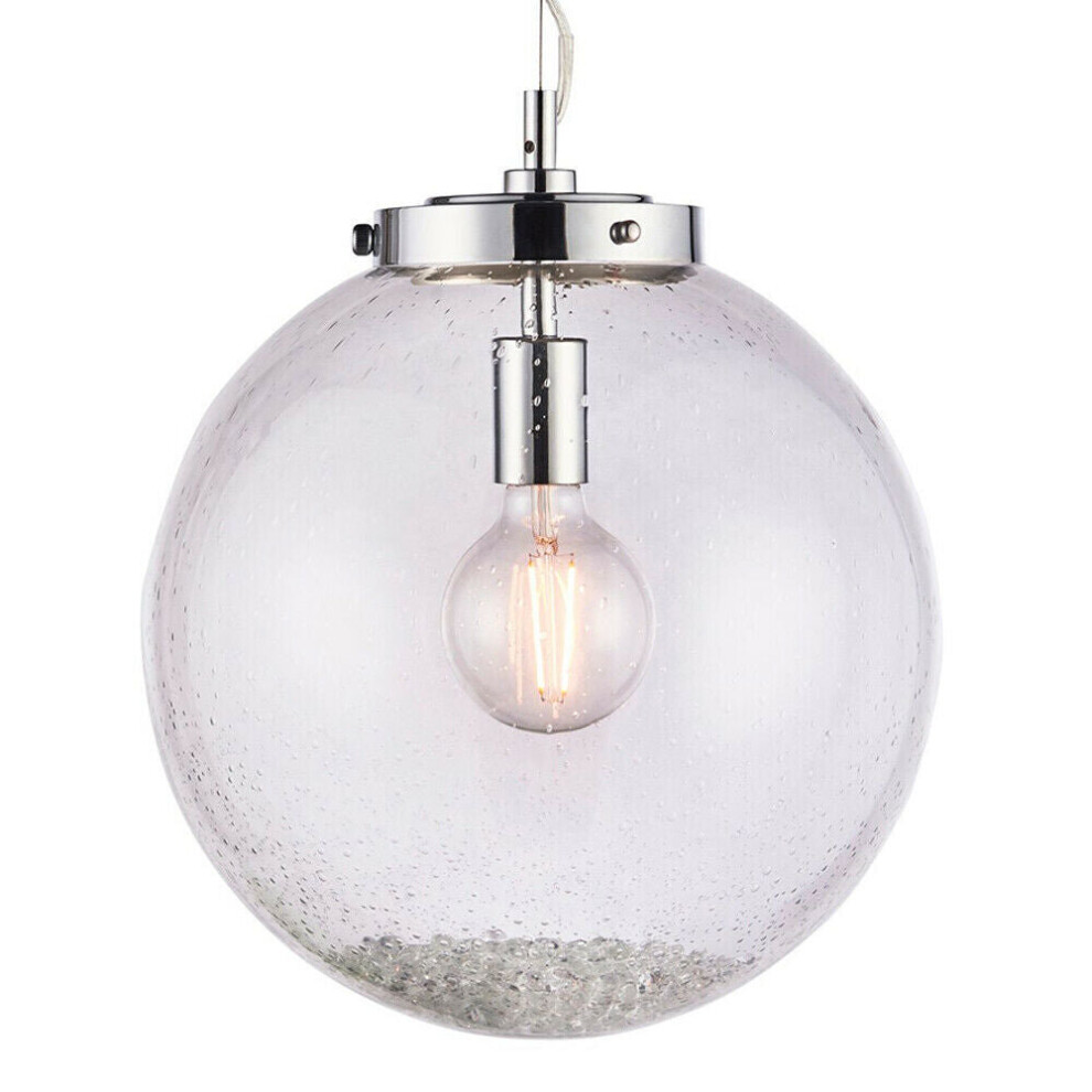 Hanging Ceiling Pendant Light Chrome & GLASS Large Round Shade Lamp Bulb Holder