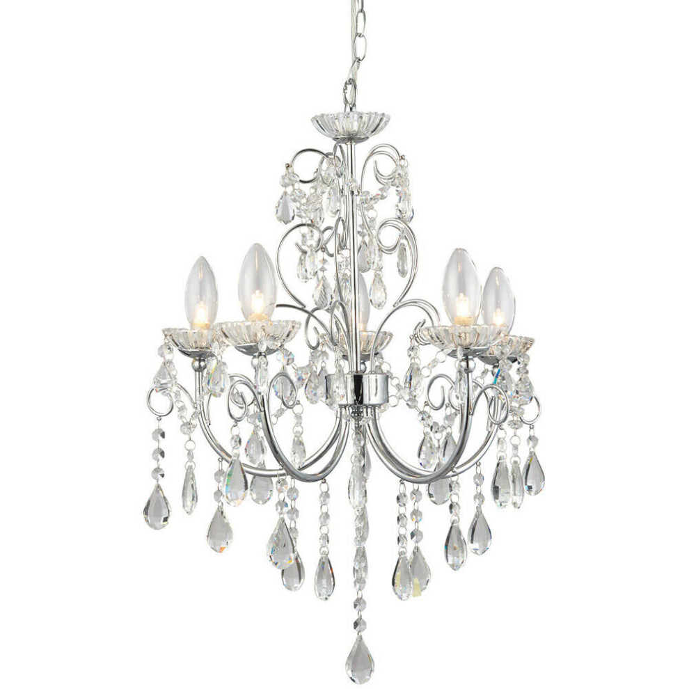 Loops Bathroom Ceiling Pendant Chrome & Crystal Ip44 5 Bulb Hanging Lamp Rose Light