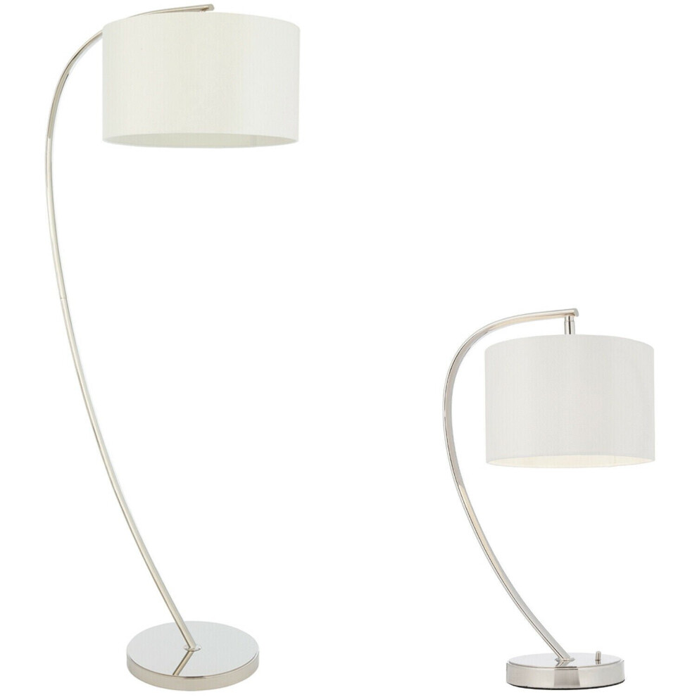 Standing Floor & Table Lamp Set Bright Nickel & White Shade Curved Stem Light-image-OPC-P8WKJVM-NEW