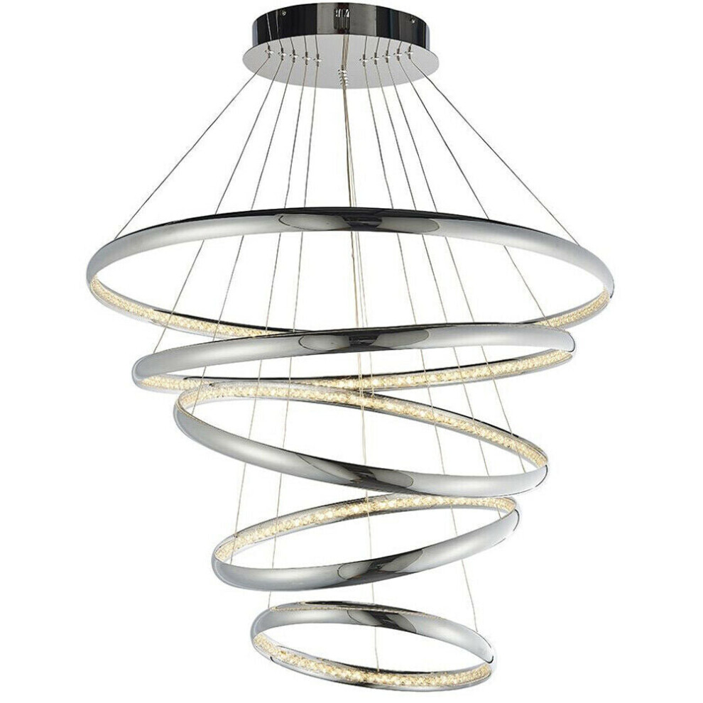 Loops Led Ceiling Pendant Light 97W Warm White Chrome & Crystal 5 Ring/Hoop Strip Lamp