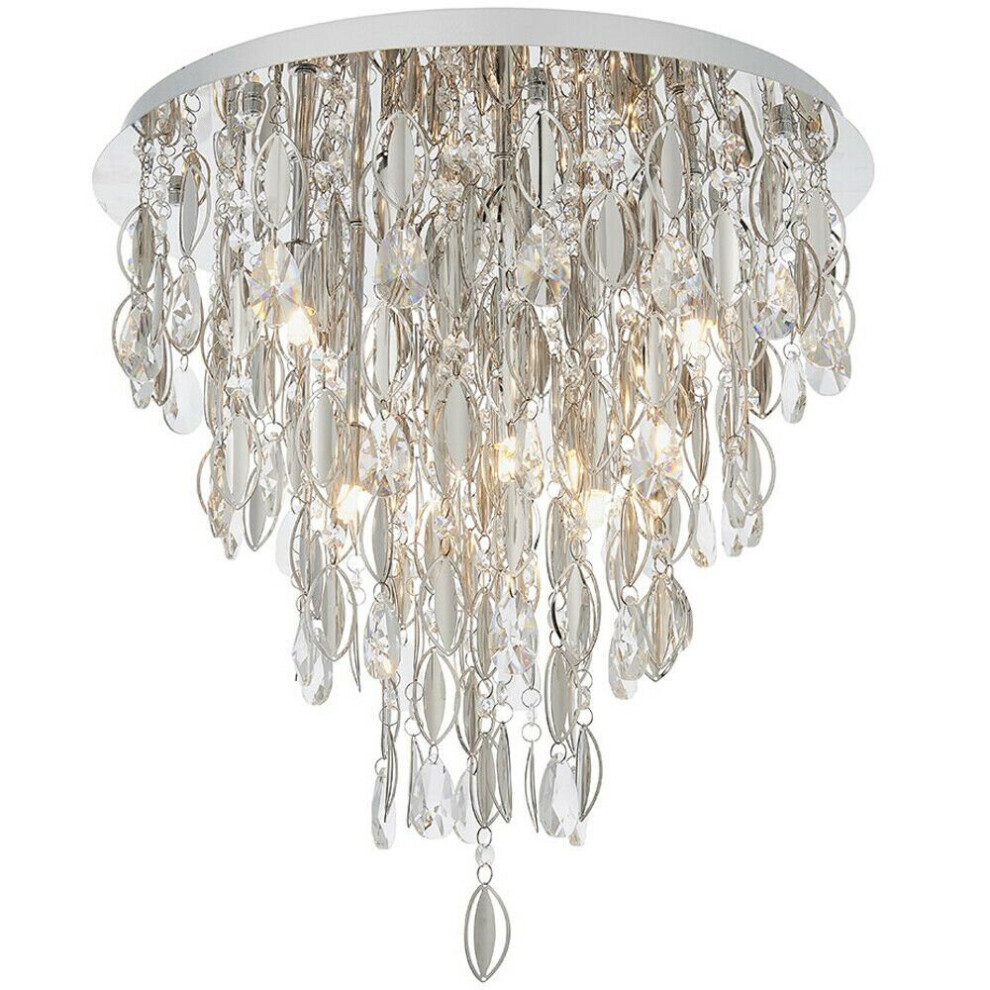 PREMIUM Crystal Flush Ceiling Light Chrome & Glass 6 Lamp Chandelier Fitting