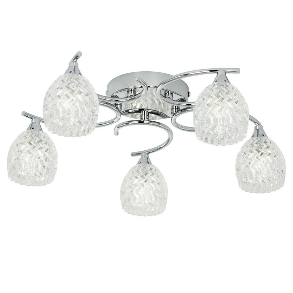 Loops Semi Flush Ceiling Chrome Textured Glass 5 Bulb Hanging Pendant Lamp Shade Light