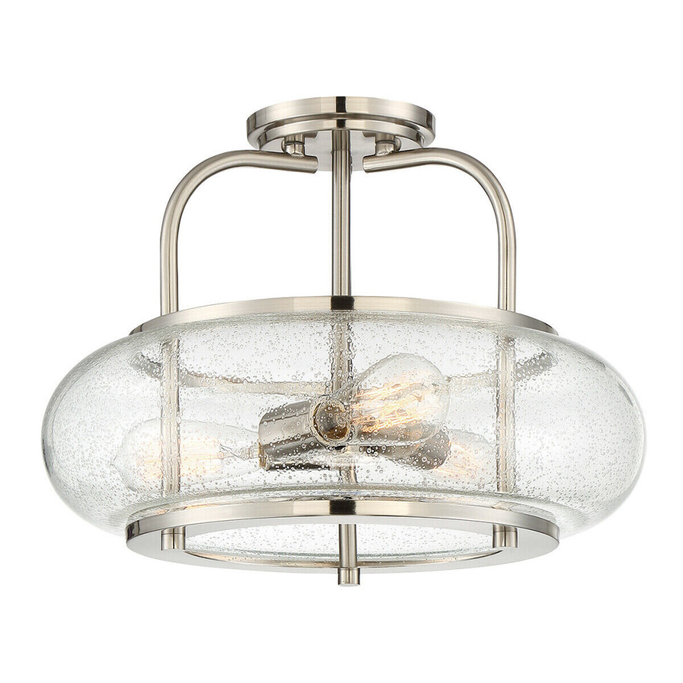 Loops Semi Flush 3 Clear Seeded Glass Shade Brushed Nickel Led E27 60W Light