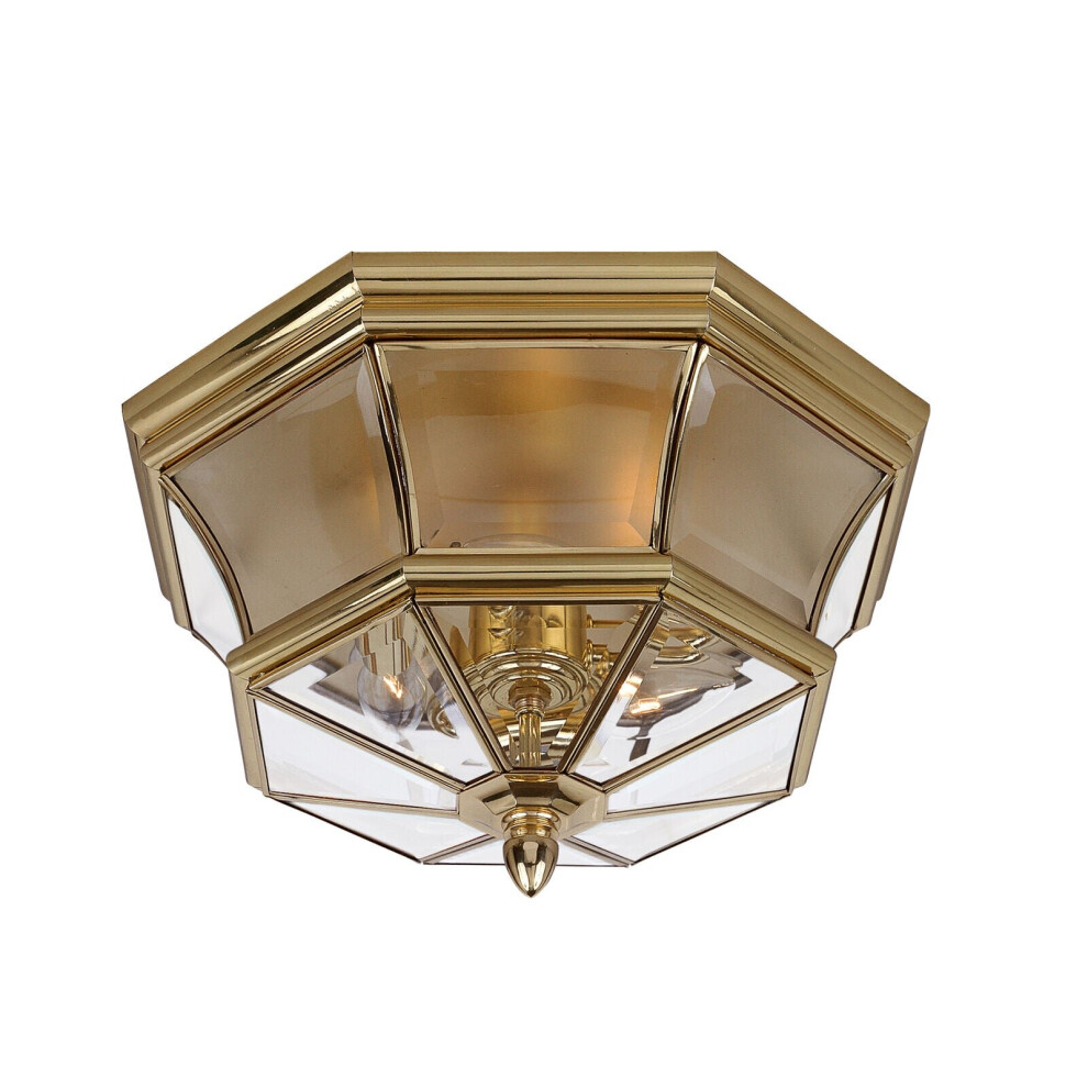 Outdoor IP44 3 Bulb Flush Light Low Ceiling Highly Polished Brass LED E14 40W