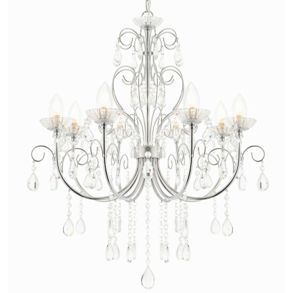 Loops Bathroom Ceiling Pendant Chrome & Crystal Ip44 8 Bulb Hanging Lamp Rose Light