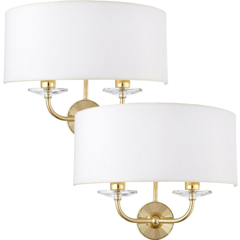 Loops 2 Pack Dimmable Twin Wall Brass Glass Fabric Shade Curved Arm Lamp Light/White