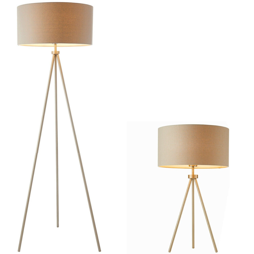 Loops Standing Floor & Table Lamp Set Matt Nickel & Shade Sleek Tripod Leg Grey/Light
