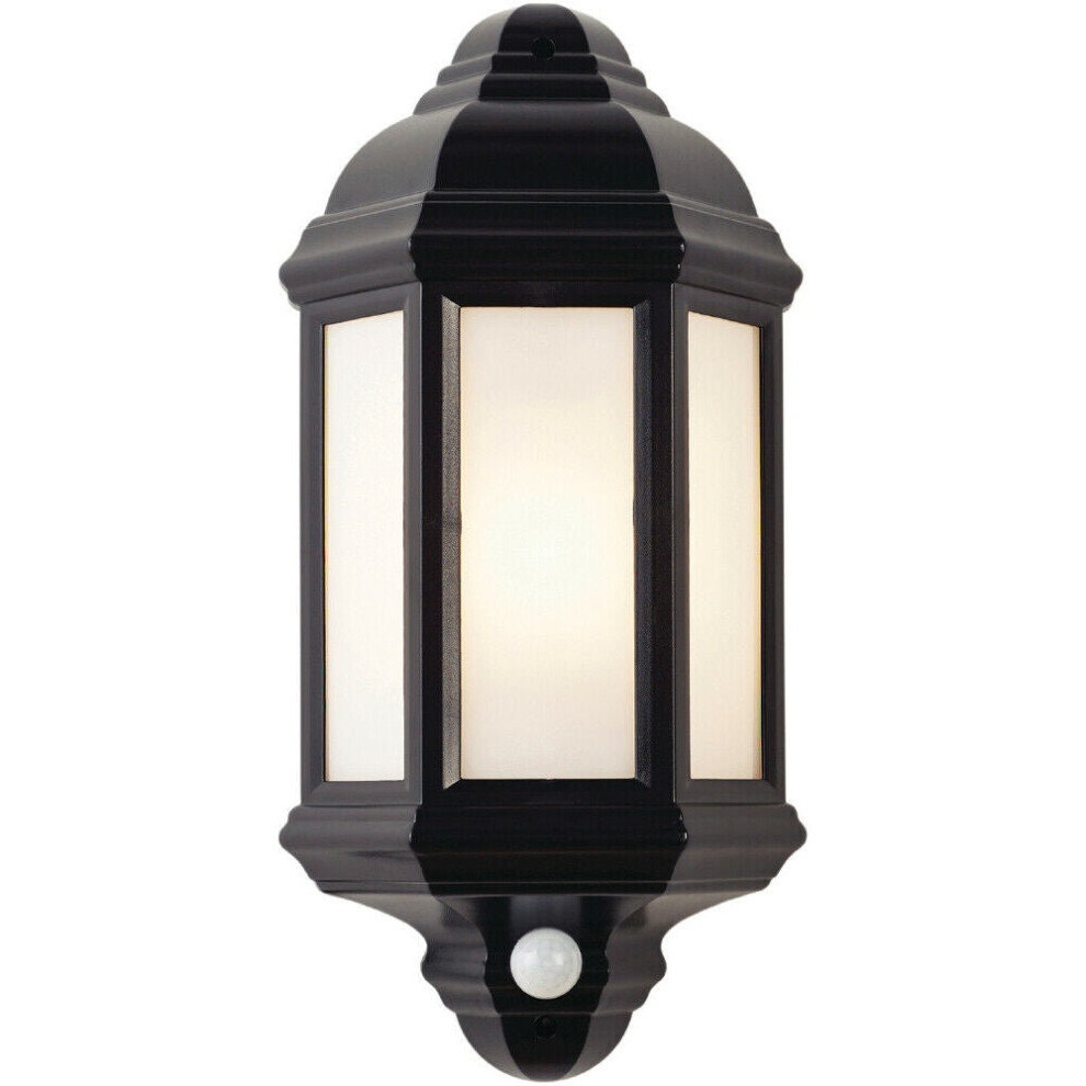 IP44 Outdoor Wall Light Matt Black Frosted Lantern Traditional PIR Motion Lamp