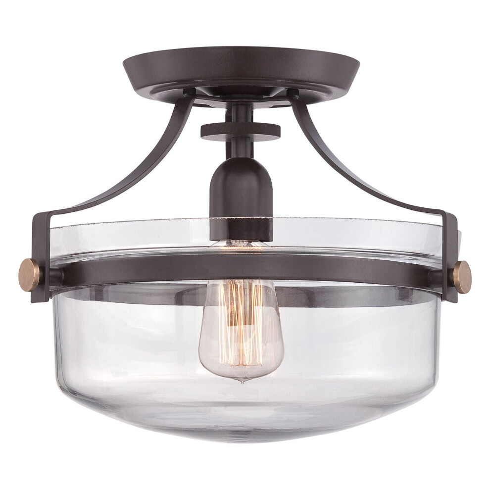 Semi Flush Light Inverted Clear Glass Shade Banded Metal Bronze LED E27 60W