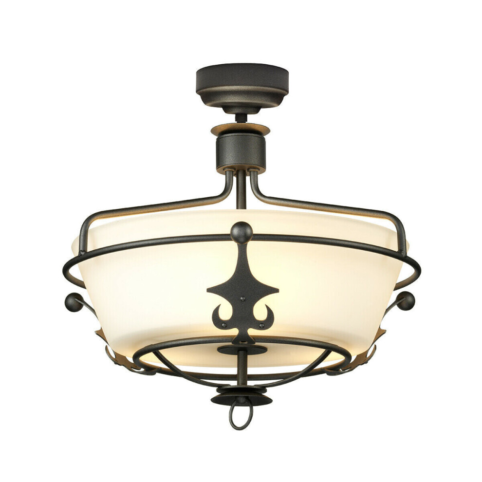 Loops 3 Bulb Semi Flush Light Opaque Glass Shade Crystal Droplets Graphite Led E27 60W