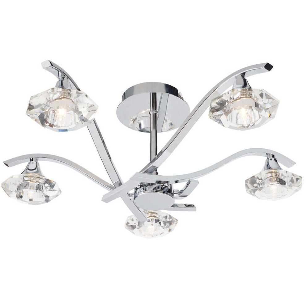 Semi Flush Ceiling Light Chrome Clear Crystal 5 Bulb Hanging Pendant Lamp Shade