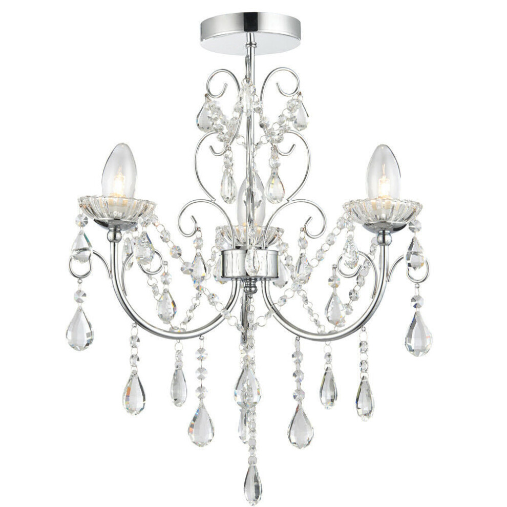Loops Flush Bathroom Ceiling Ip44 Chrome & Crystal 3 Lamp Bulb Hanging Pendant Light