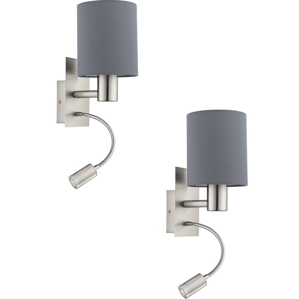 Loops 2 Pack Wall Light Colour Satin Nickel Shade Grey Fabric E27 Led 1X40w 1X3.5w