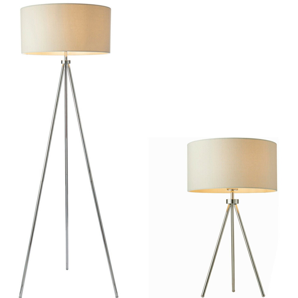 Loops Standing Floor & Table Lamp Set Chrome Plate Shade Sleek Tripod Leg Ivory/Light