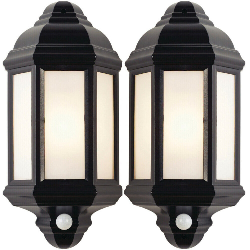 2 PACK IP44 Outdoor Wall Light Black Frosted Lantern Traditional PIR Motion Lamp