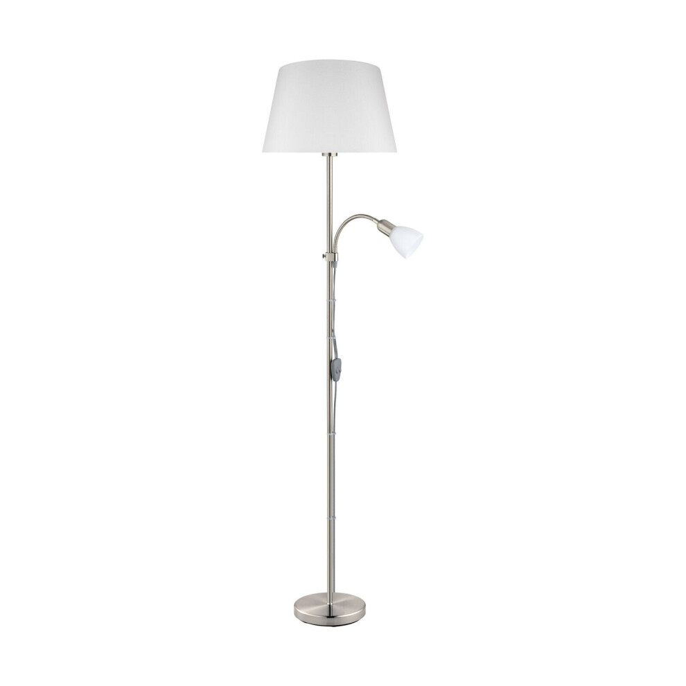 Floor Lamp Light Satin Nickel Shade White Fabric Glass Bulb E27&E14 1x60W/1x40W