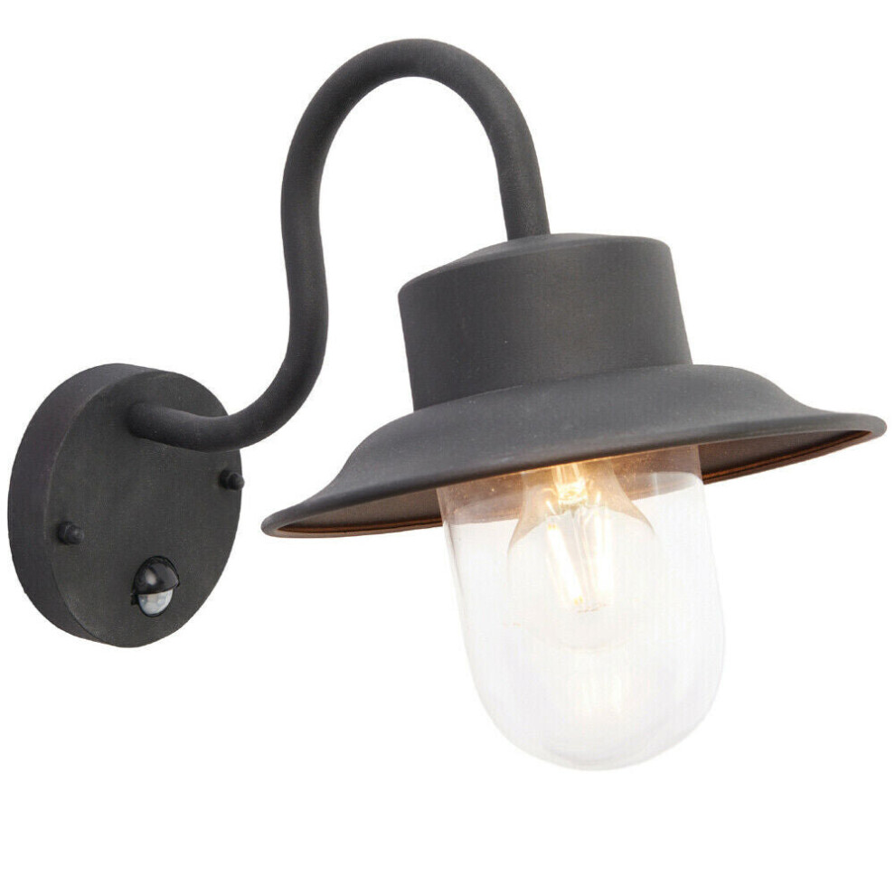 IP44 Outdoor Wall Lamp Black Steel Fisherman PIR Lantern Porch Modern Curved