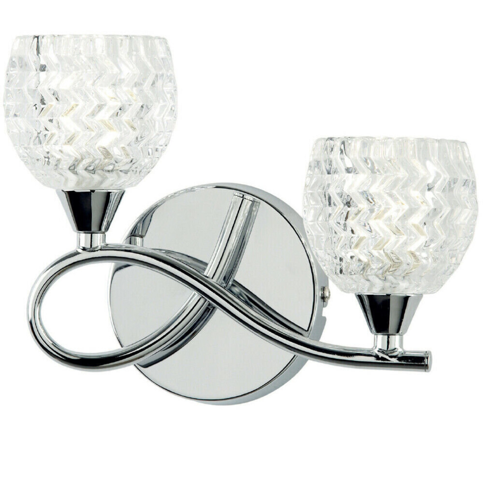 Loops Led Twin Wall Light Twisted Chrome Arm Glass Pattern Shade Dimming Lamp Lighting