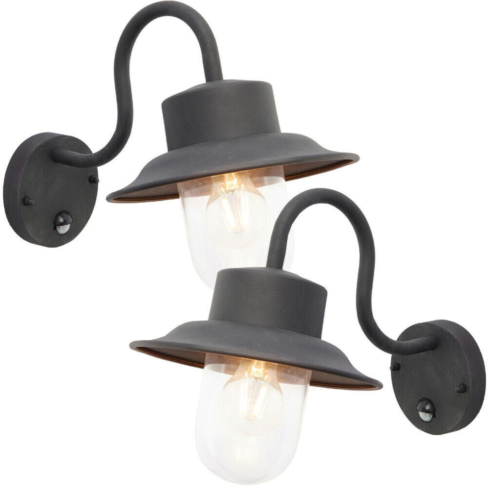 2 PACK IP44 Outdoor Wall Lamp Black Steel Fisherman PIR Lantern Porch Curved