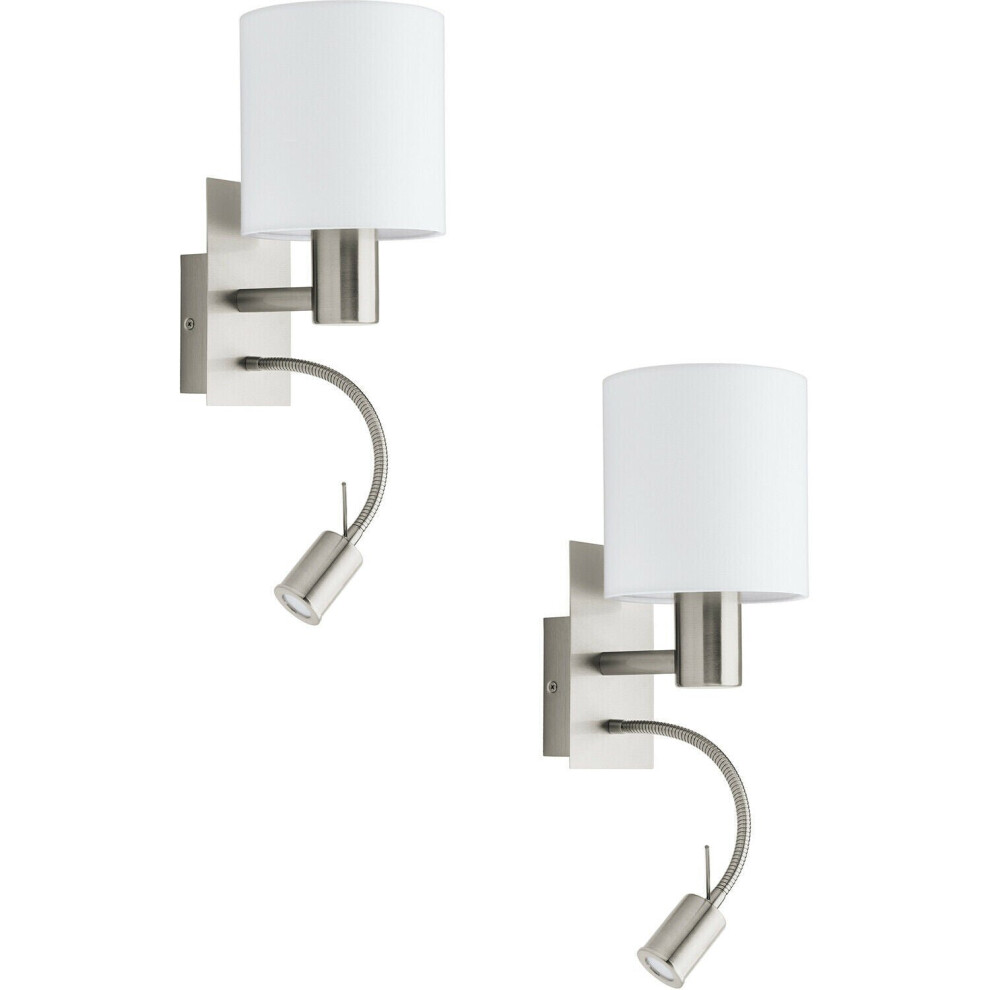 Loops 2 Pack Wall Light Colour Satin Nickel Shade White Fabric E27 Led 1X40w 1X3.5w