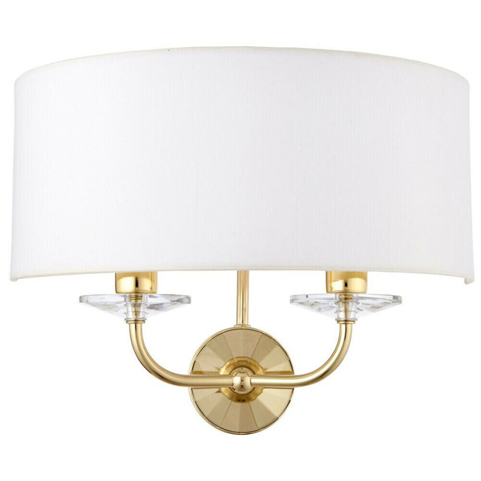 Dimmable Twin Wall Light Brass Glass White Fabric Shade Curved Arm Lamp Fitting