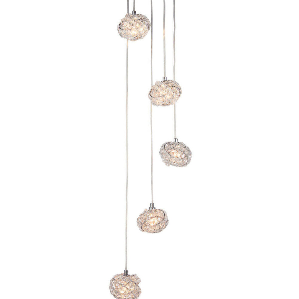 Loops Multi Ceiling Pendant 5 Bulb Chrome & Crystal Glass Chandelier Height Lamp Light