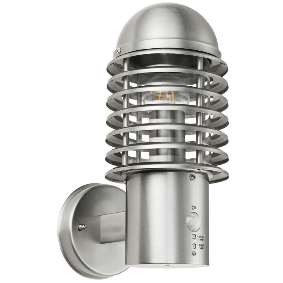 Loops Ip44 Outdoor Wall Lamp Brushed Steel Caged Slotted Lantern Pir Move Porch Light