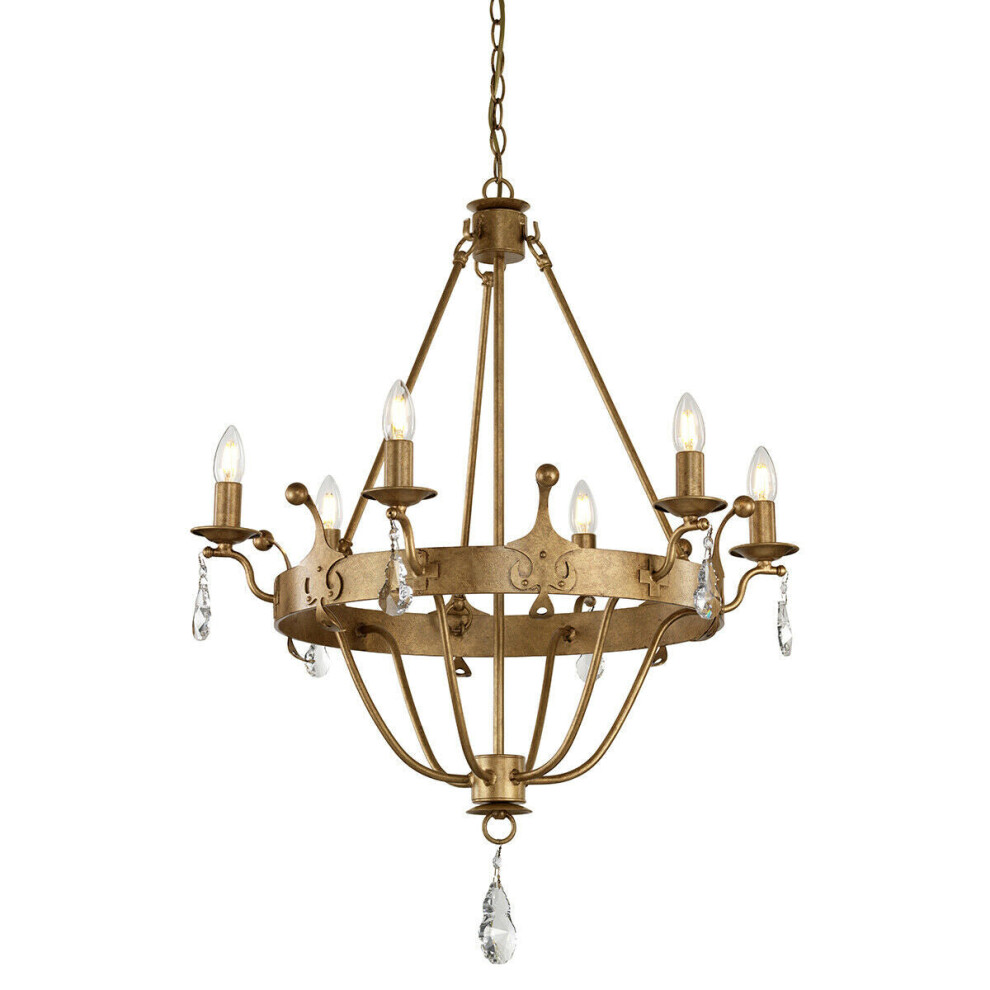 Loops 6 Bulb Chandelier Basket Style Base Crystal Droplets Gold Patina Led E14 60W