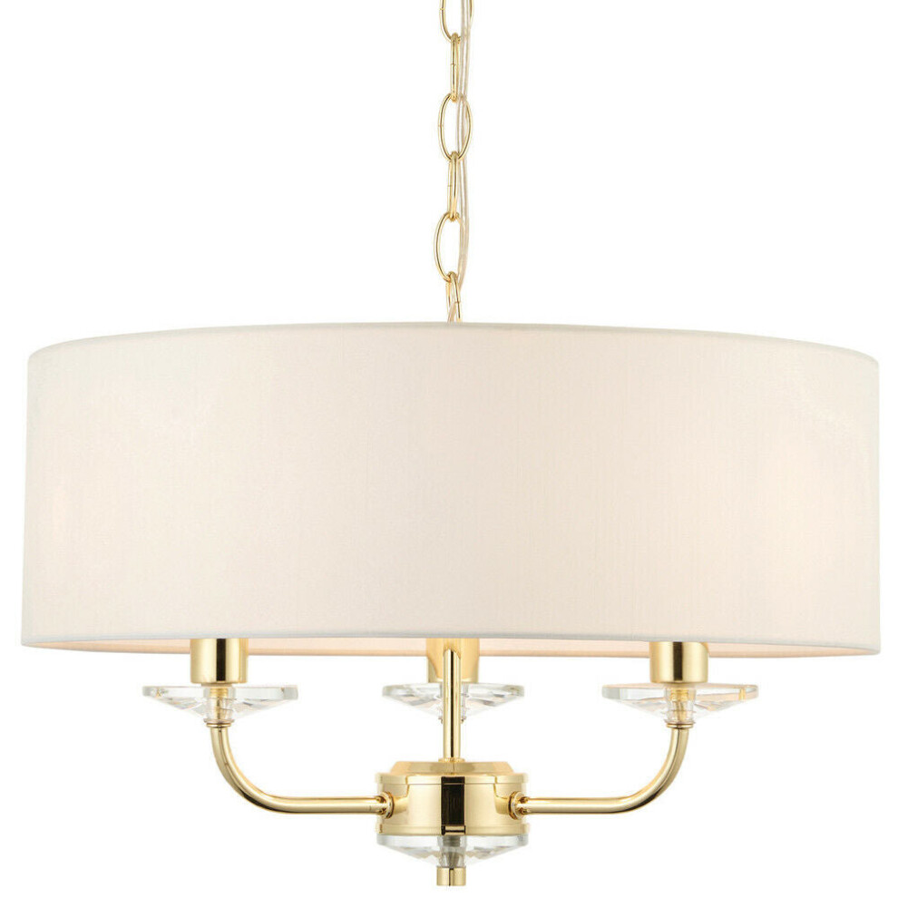 Multi Light Ceiling Pendant 3 Bulb BRASS & WHITE Chandelier Large Shade Lamp