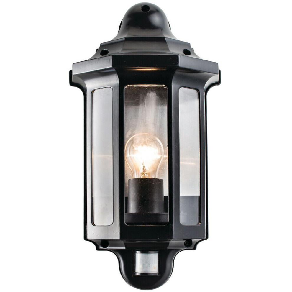 IP44 Outdoor Wall Light Satin Black PIR Half Lantern Traditional Porch