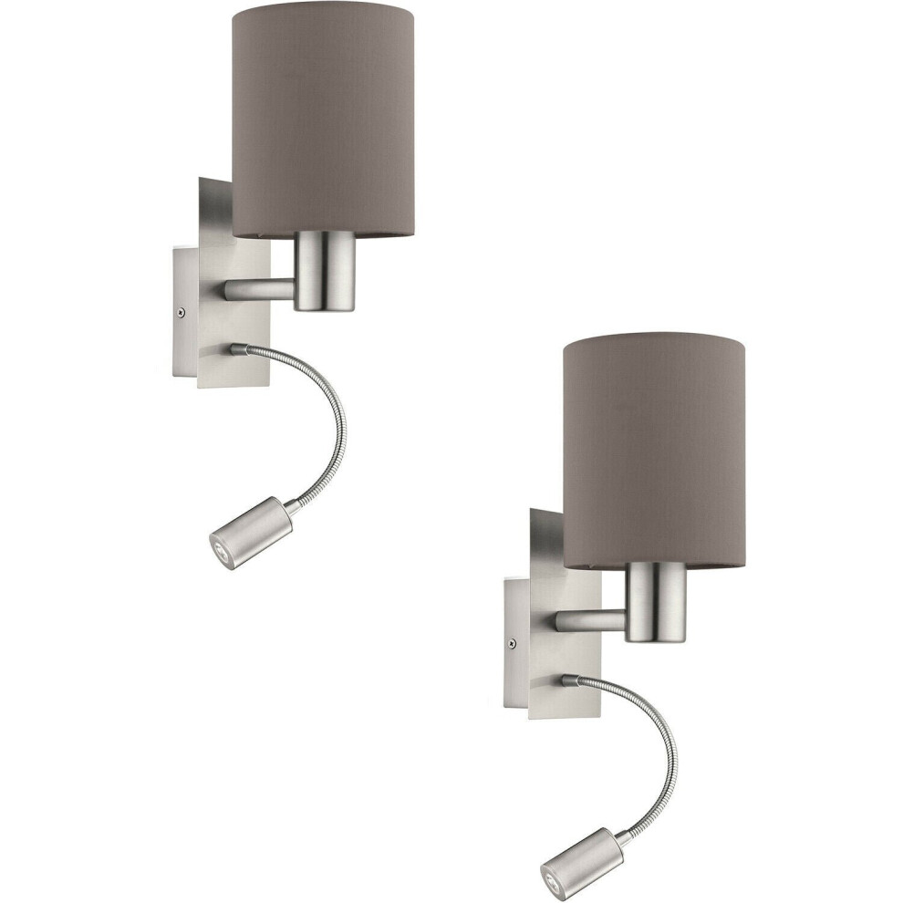 Loops 2 Pack Wall Light Satin Nickel Shade Anthracite Brown Fabric E27 40W Led 3.5W