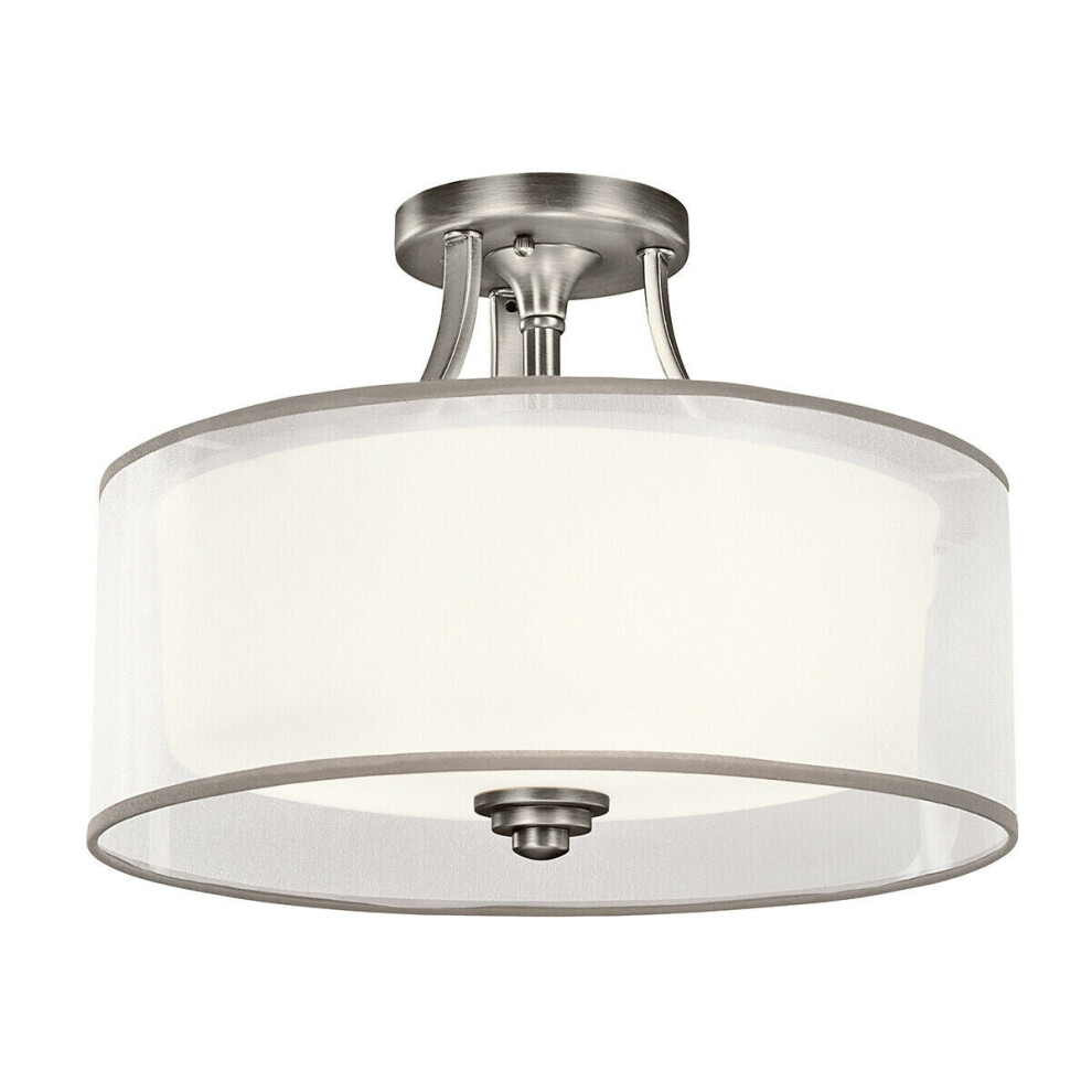 Loops 3 Bulb Semi Flush Light White Organaza Shade Antique Pewter Led E27 60W Bulb