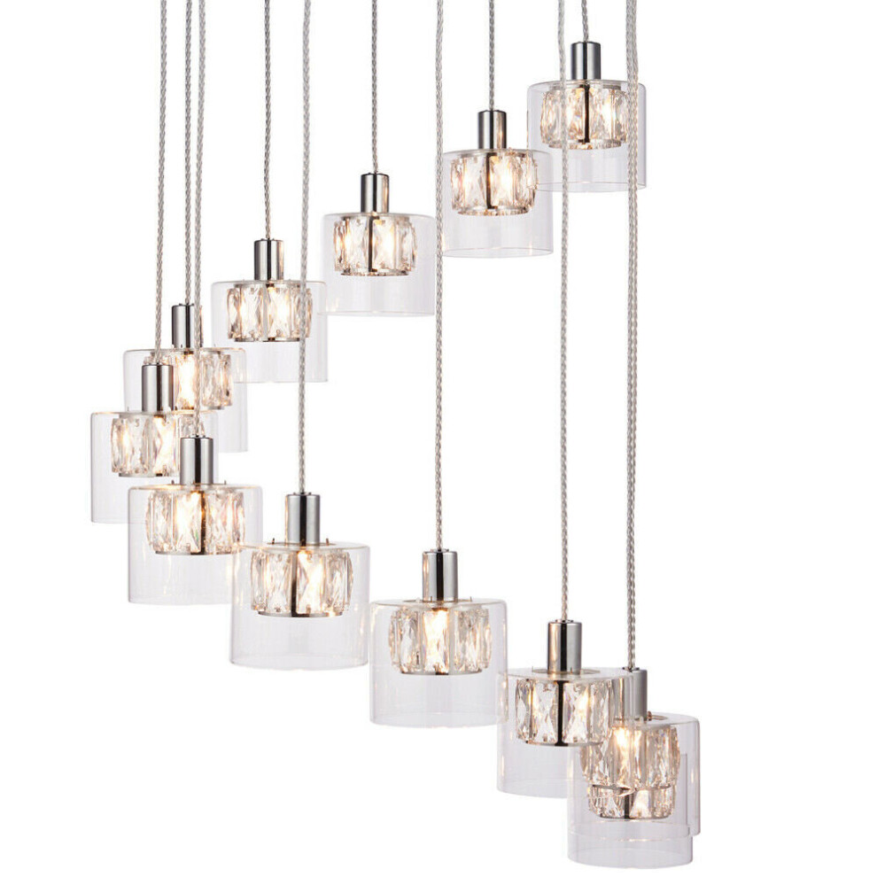Loops Multi Ceiling Pendant 12 Bulb Chrome & Crystal Chandelier Height Drop Lamp Light
