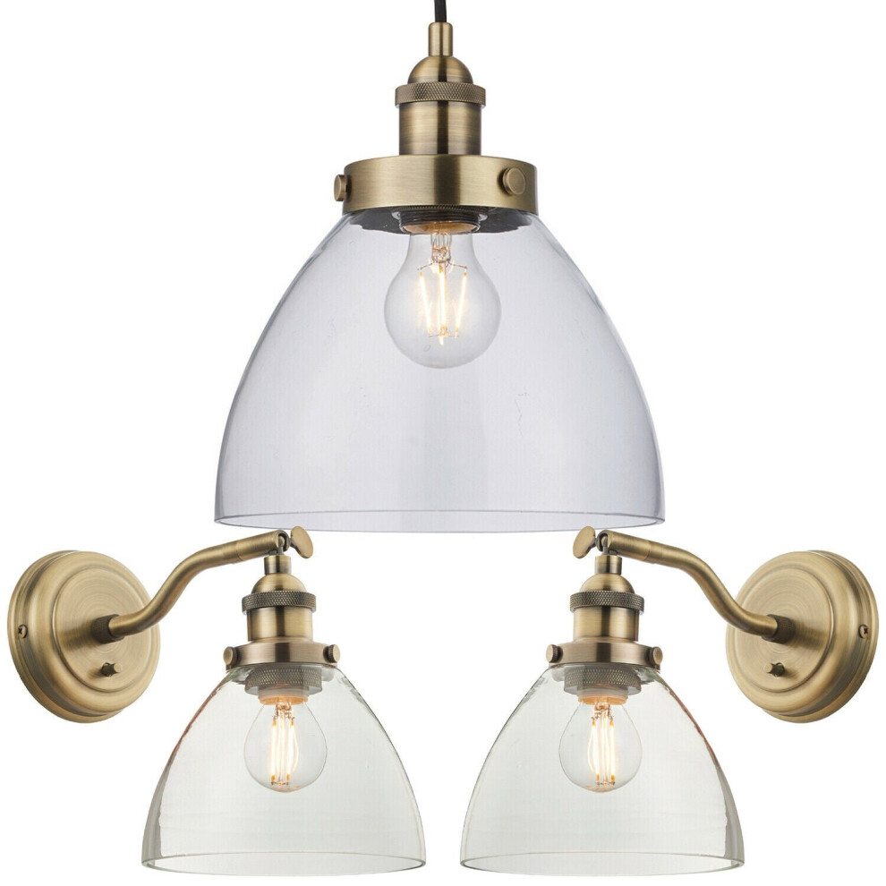 Loops Ceiling Pendant & 2X Matching Wall Light Pack Antique Brass & Clear Glass Shade