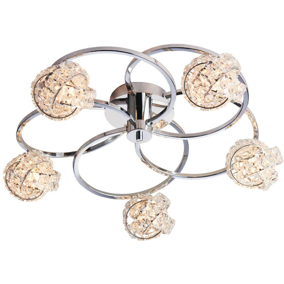 Loops Semi Flush Ceiling Chrome & Crystal Knott 5 Lamp Hanging Feature Pendant Light